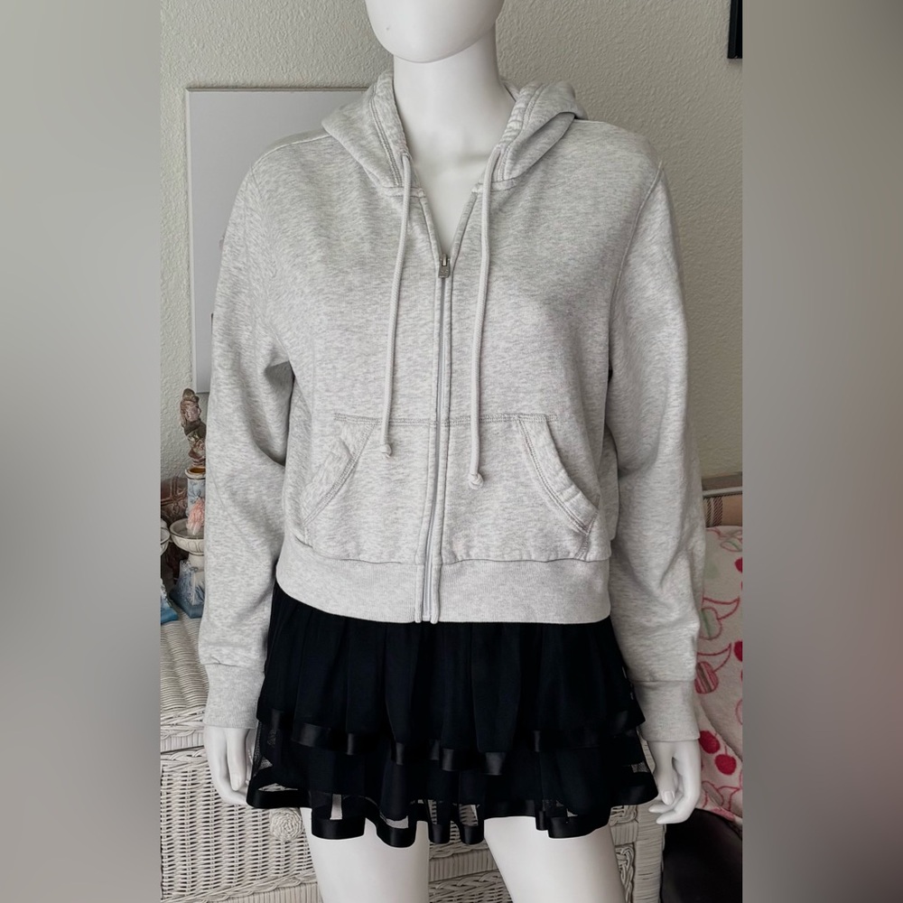 Hollister Space Dye Grey Cropped Hoodie Zip Up Cotton Blend Ribbed Cuffs Size L